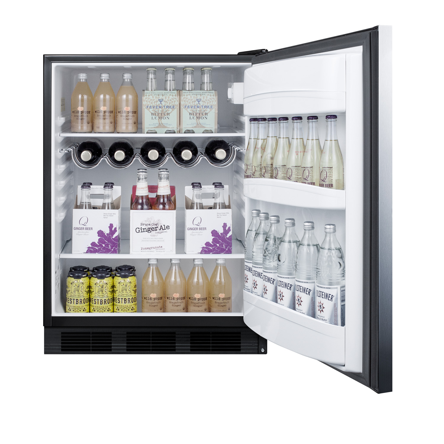 24 inch wide ADA compliant built-in undercounter all-refrigerator for residential use, auto defrost with stainless steel wrapped door, horizontally mounted handle, and black cabinet